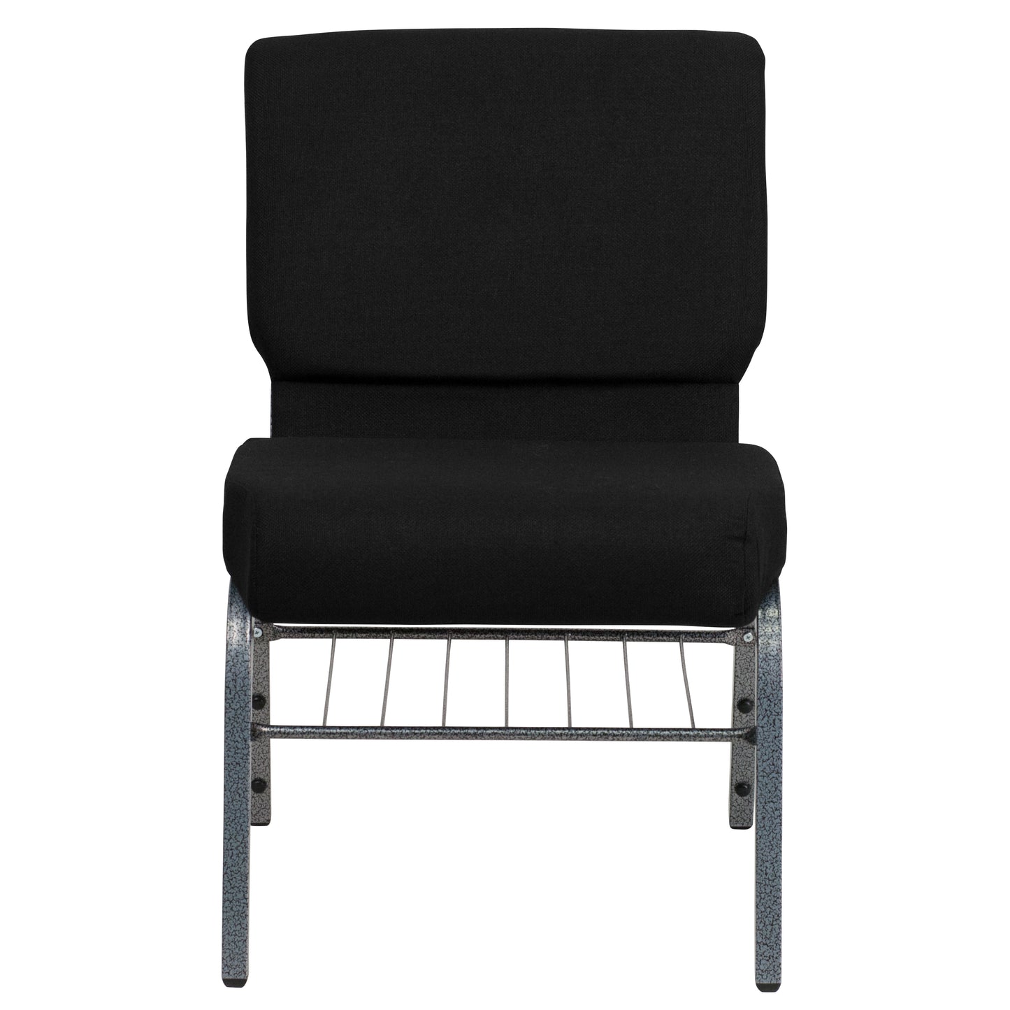 HERCULES Series 21''W Church Chair in Black Fabric with Book Rack - Silver Vein Frame Black Fabric/Silver Vein Frame