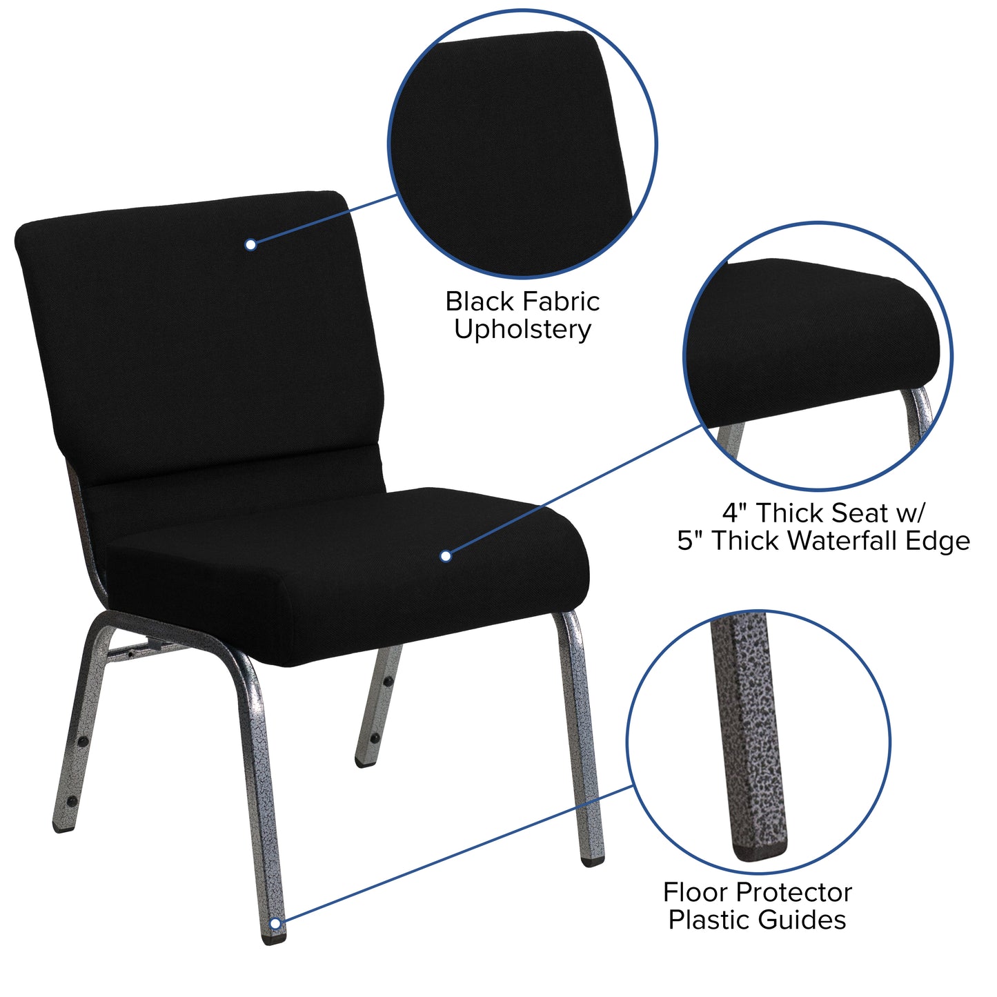 HERCULES Series 21''W Stacking Church Chair in Black Fabric - Silver Vein Frame Black Fabric/Silver Vein Frame