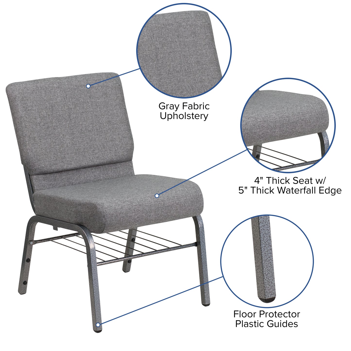 HERCULES Series 21''W Church Chair in Gray Fabric with Book Rack - Silver Vein Frame Gray Fabric/Silver Vein Frame
