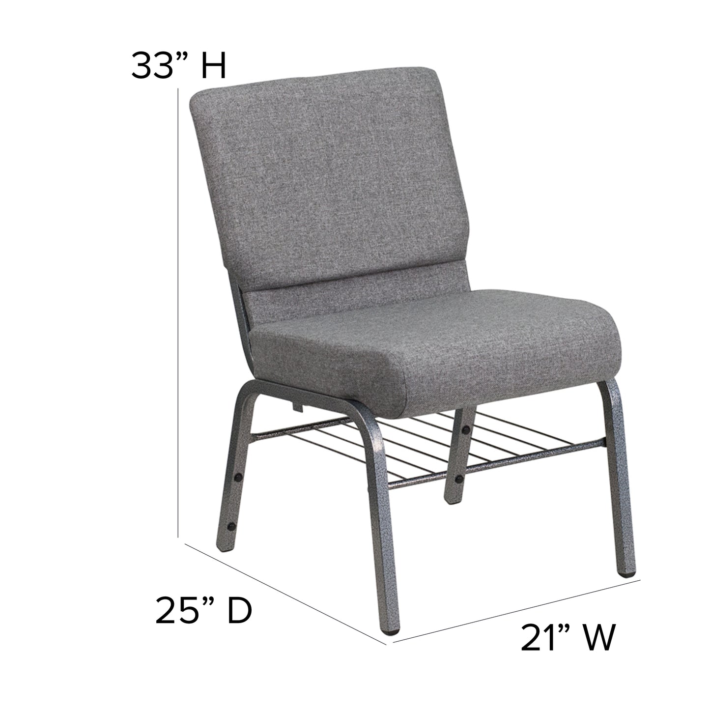 HERCULES Series 21''W Church Chair in Gray Fabric with Book Rack - Silver Vein Frame Gray Fabric/Silver Vein Frame
