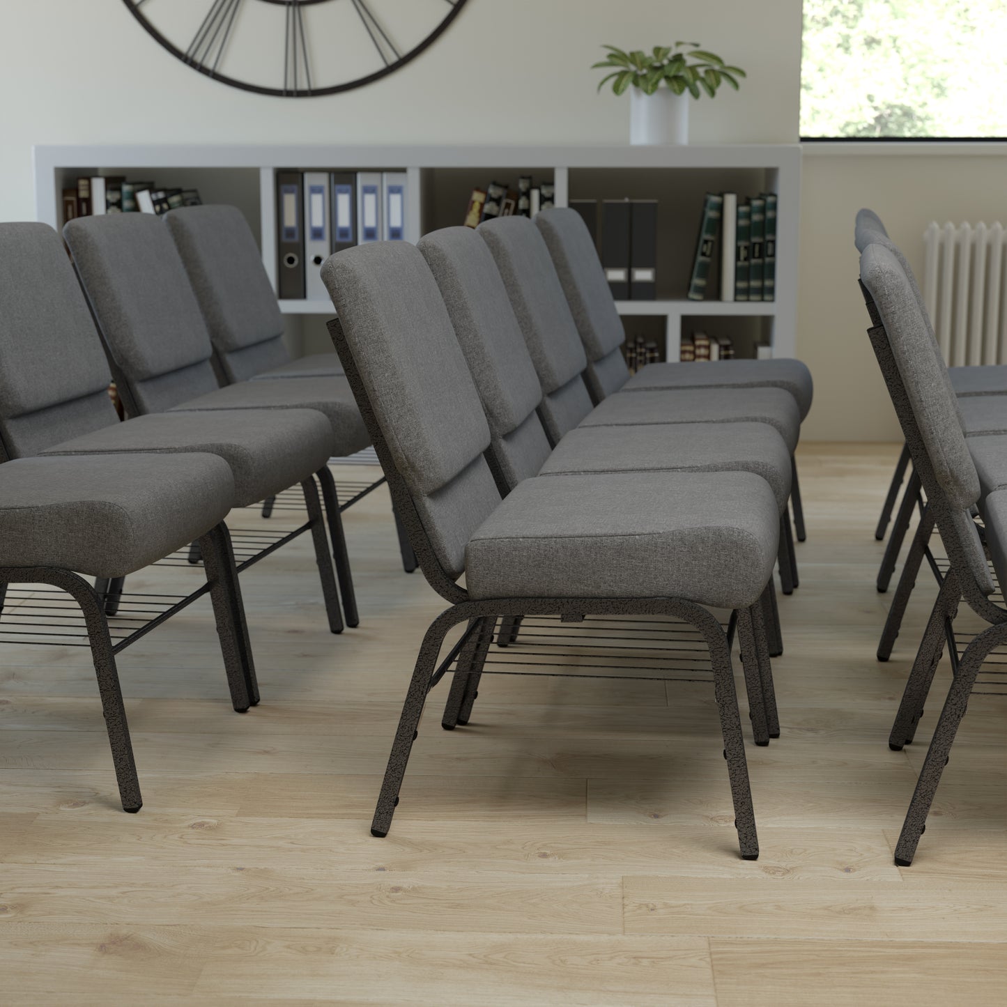 HERCULES Series 21''W Church Chair in Gray Fabric with Book Rack - Silver Vein Frame Gray Fabric/Silver Vein Frame