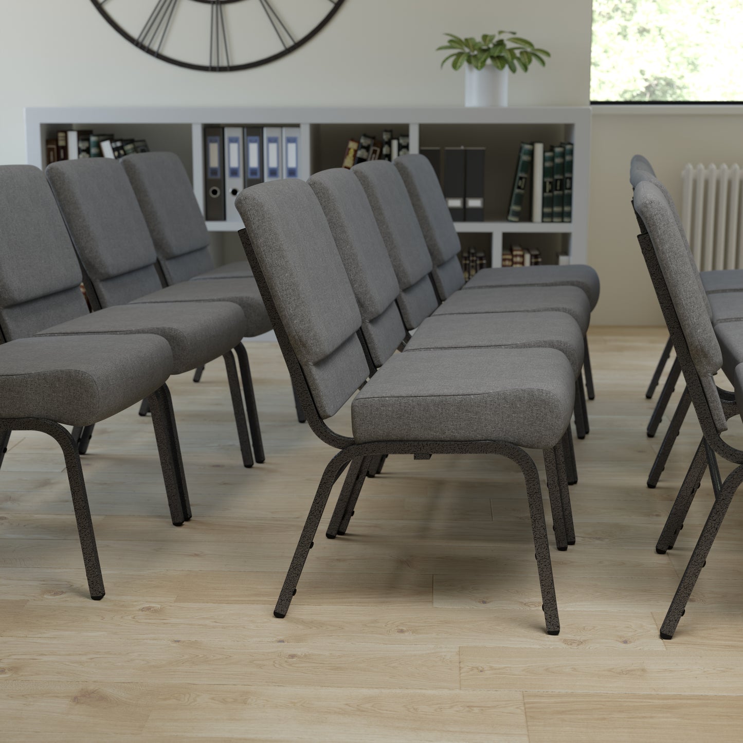 HERCULES Series 21''W Stacking Church Chair in Gray Fabric - Silver Vein Frame Gray Fabric/Silver Vein Frame