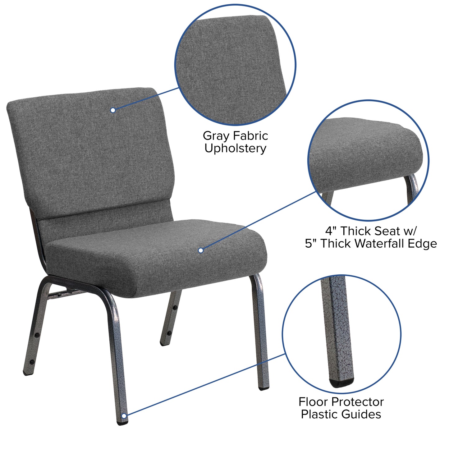 HERCULES Series 21''W Stacking Church Chair in Gray Fabric - Silver Vein Frame Gray Fabric/Silver Vein Frame