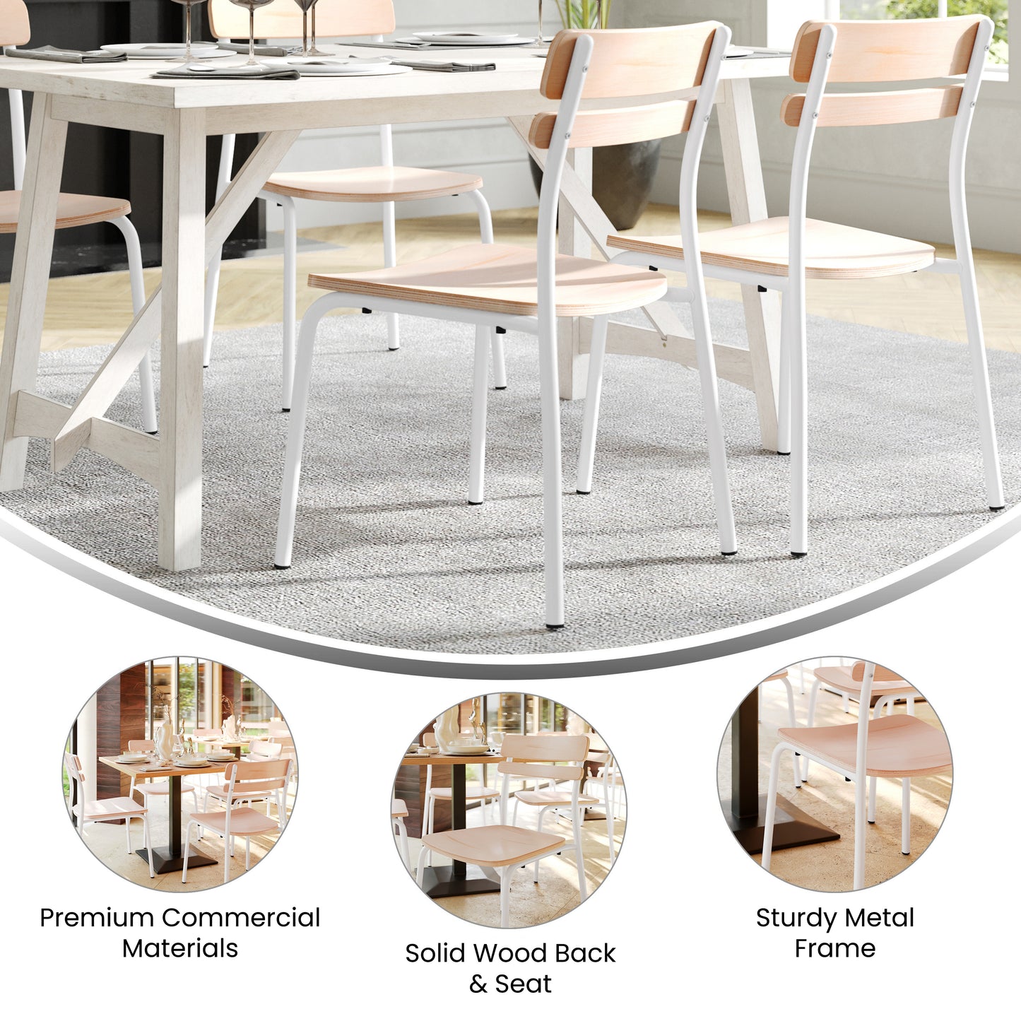 Cyprus Commercial Grade Solid Wood Dining Chair with White Metal Frame and Antique White Finish Antique White