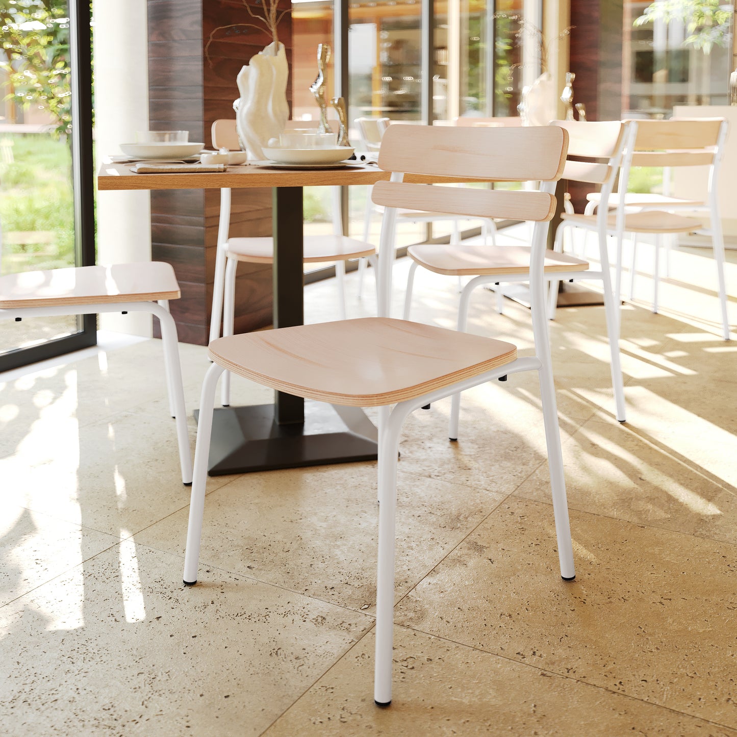 Cyprus Commercial Grade Solid Wood Dining Chair with White Metal Frame and Antique White Finish Antique White