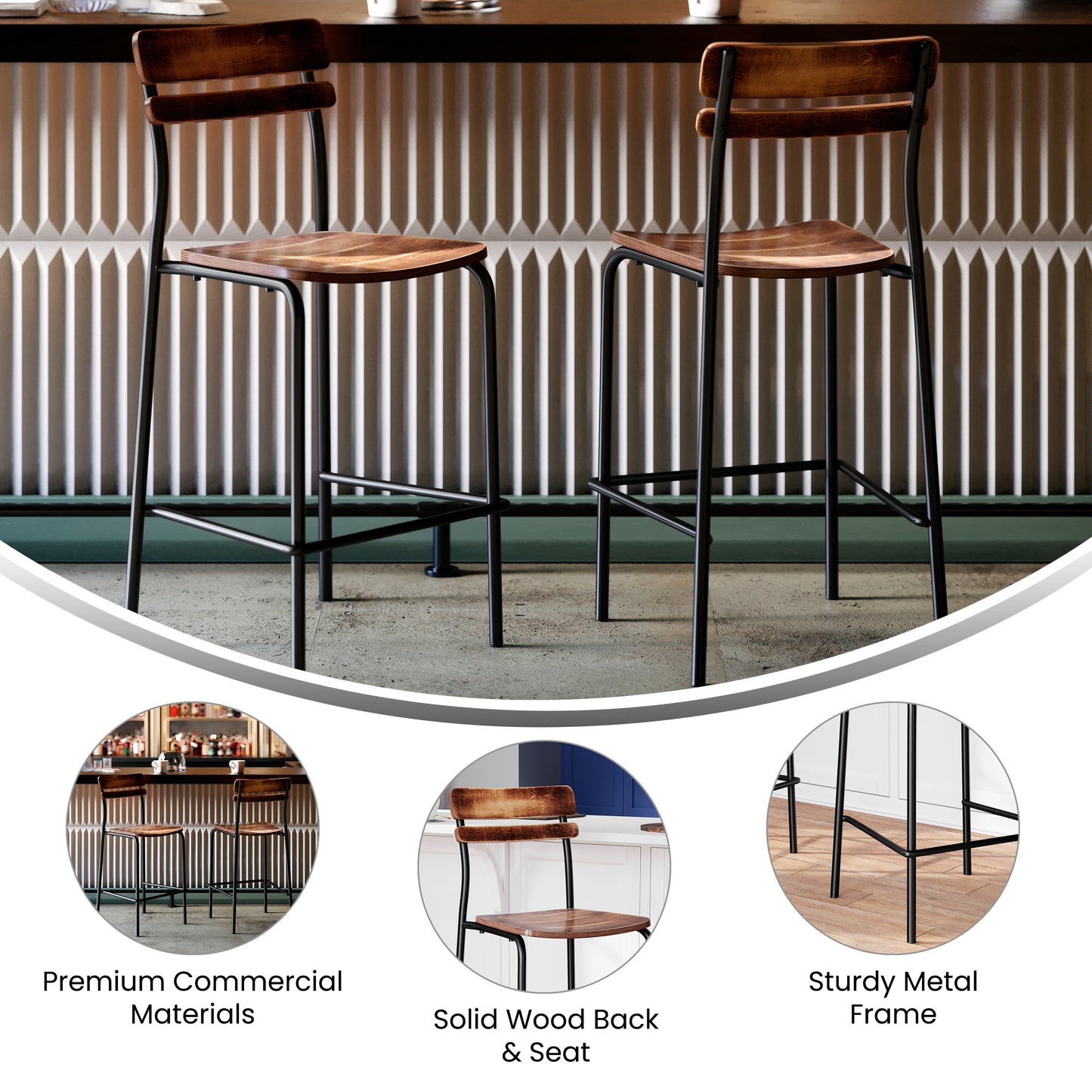 Cyprus Commercial Grade Solid Wood Bar Stool with Black Metal Frame and Antique Copper Finish Antique Copper