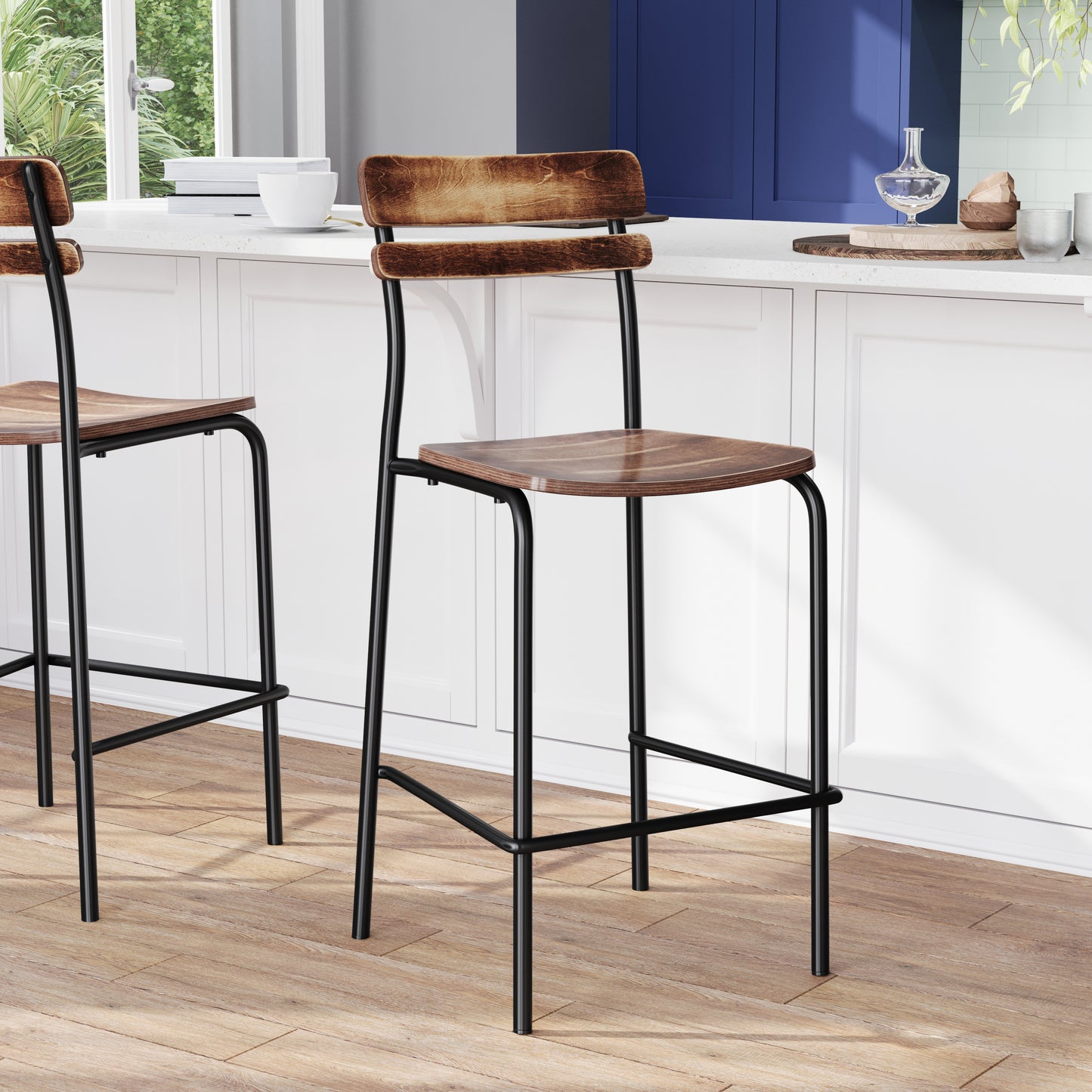 Cyprus Commercial Grade Solid Wood Bar Stool with Black Metal Frame and Antique Copper Finish Antique Copper