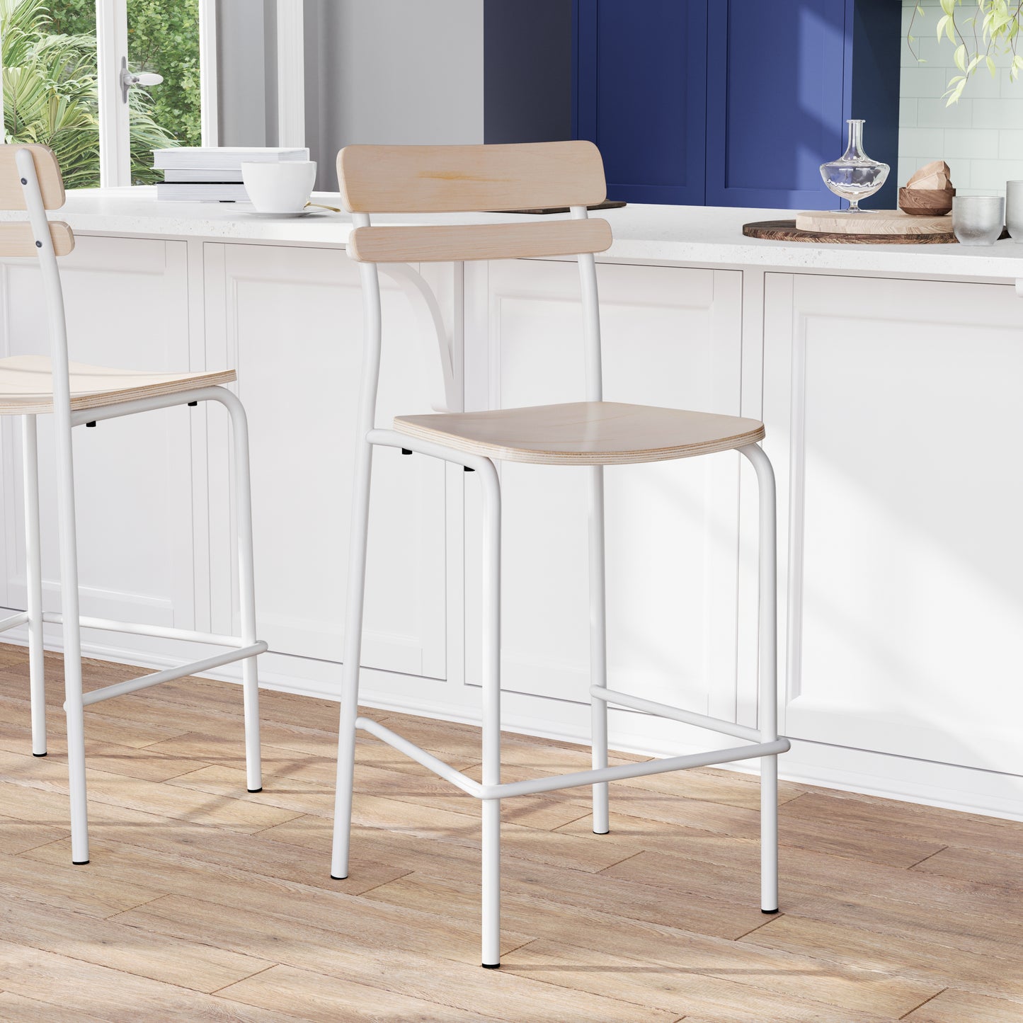 Cyprus Commercial Grade Solid Wood Bar Stool with White Metal Frame and Antique White Finish Antique White