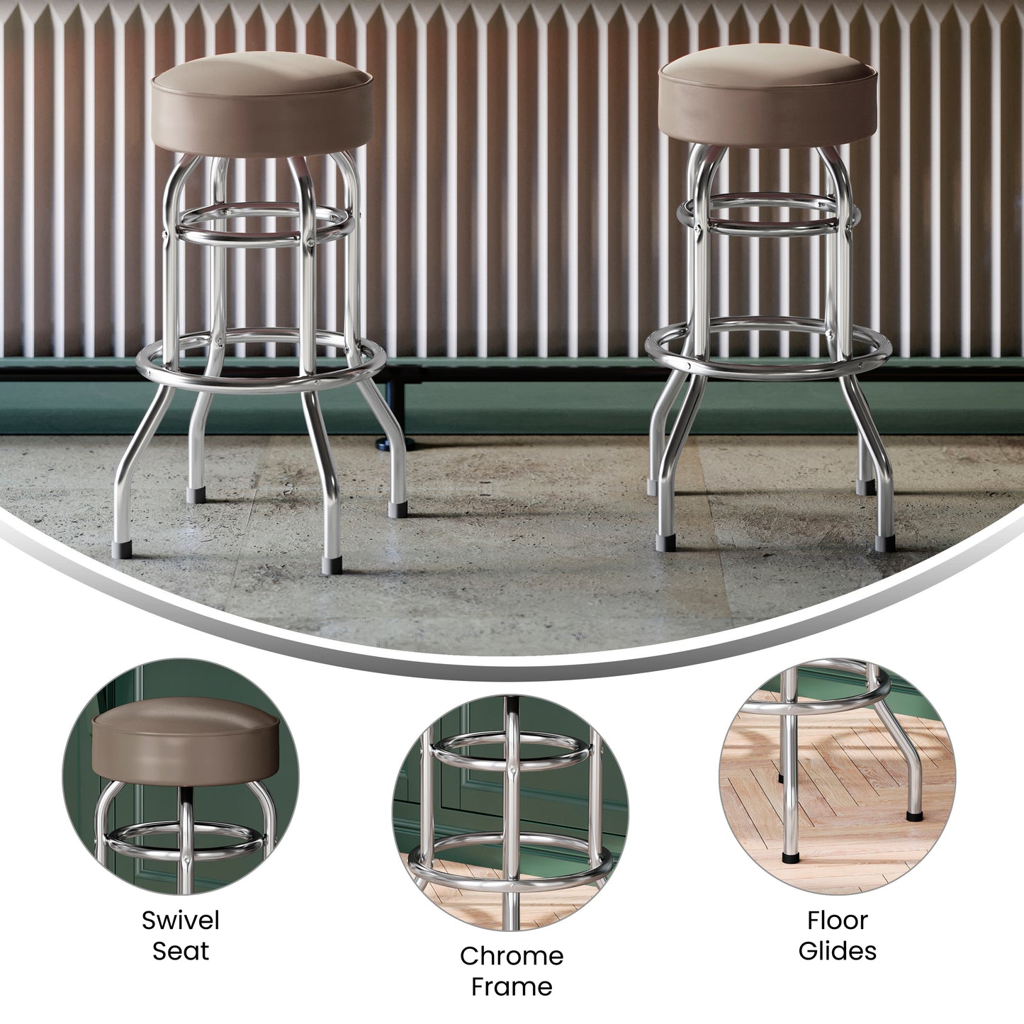Bruno Double Ring Chrome Barstool with Beige Seat Beige