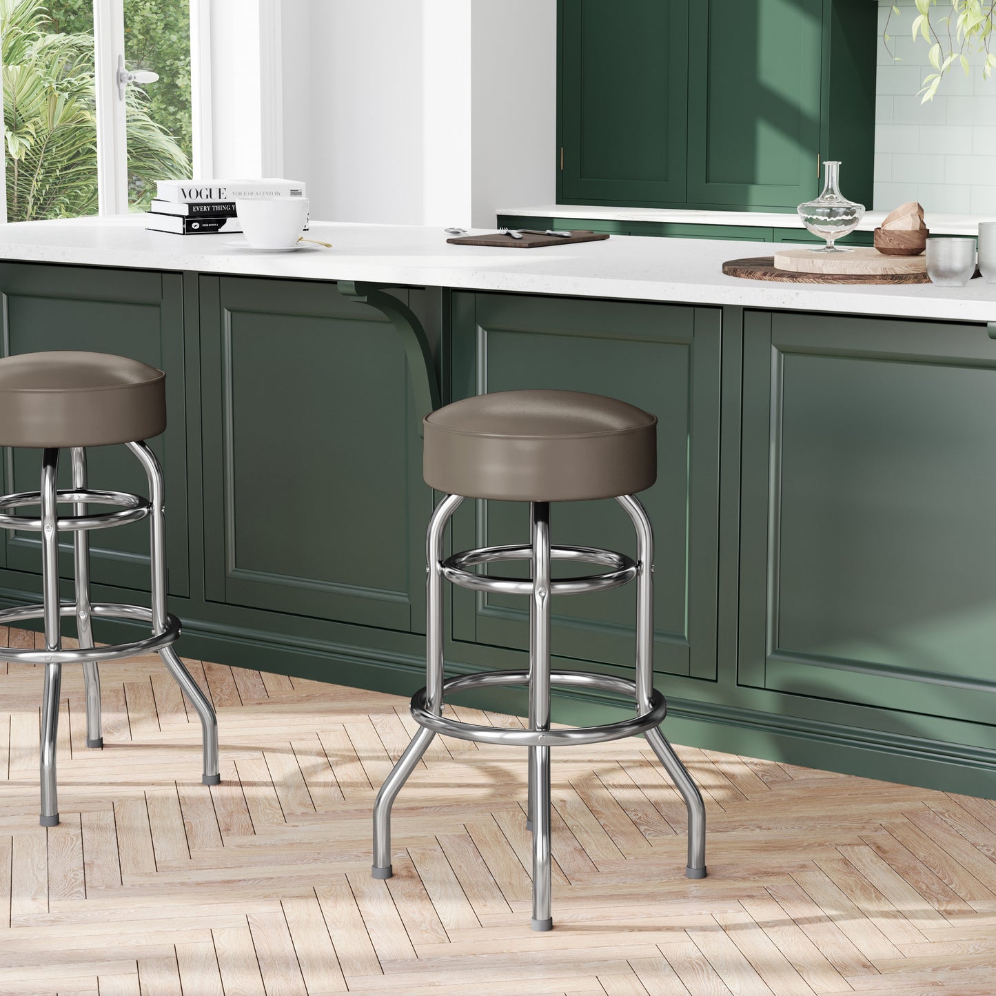 Bruno Double Ring Chrome Barstool with Beige Seat Beige