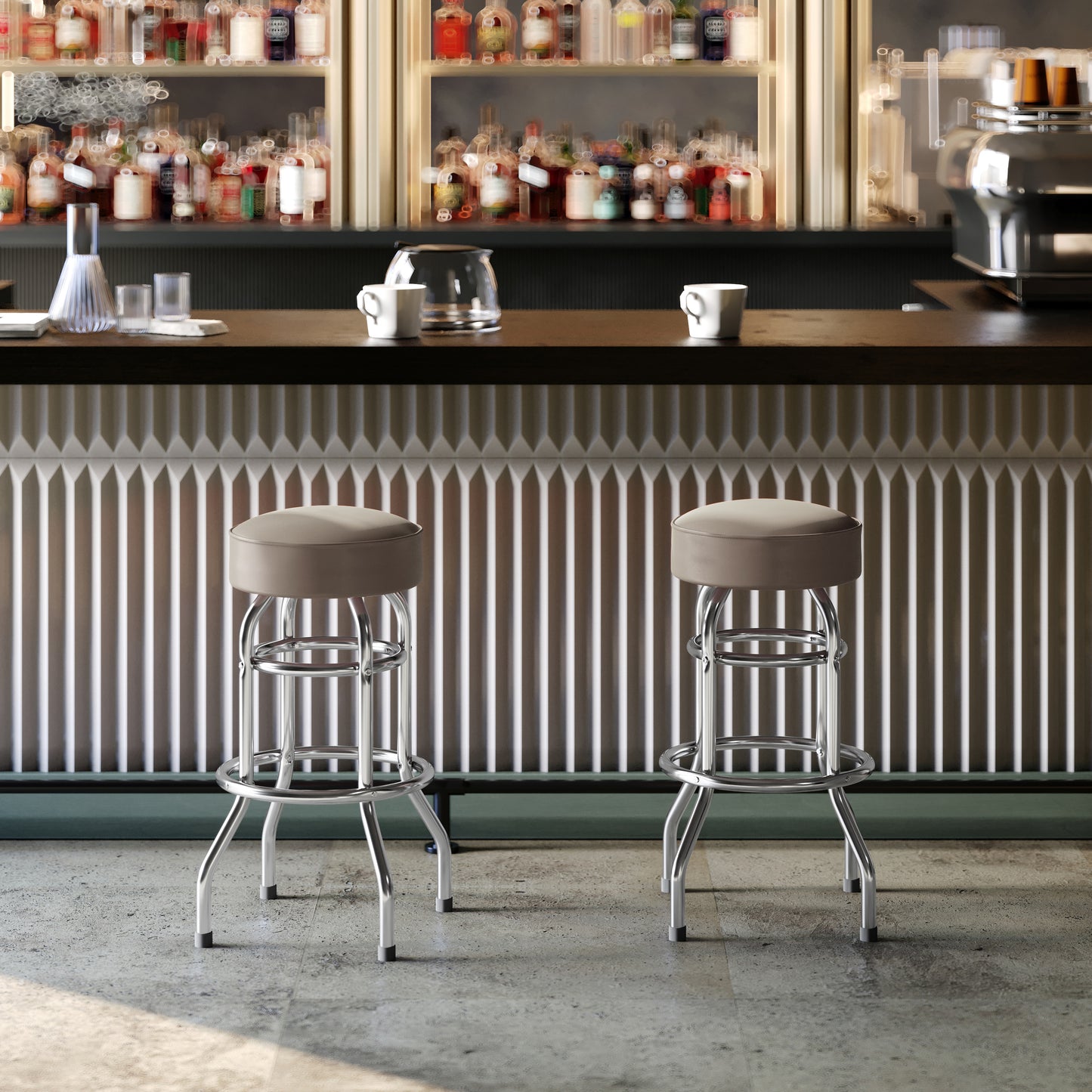 Bruno Double Ring Chrome Barstool with Beige Seat Beige