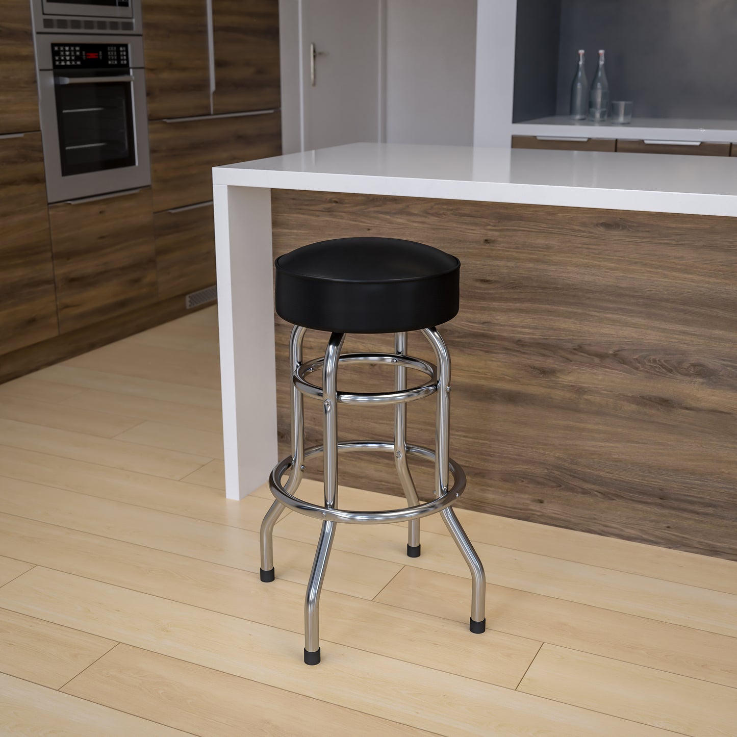 Bruno Double Ring Chrome Barstool with Black Seat Black