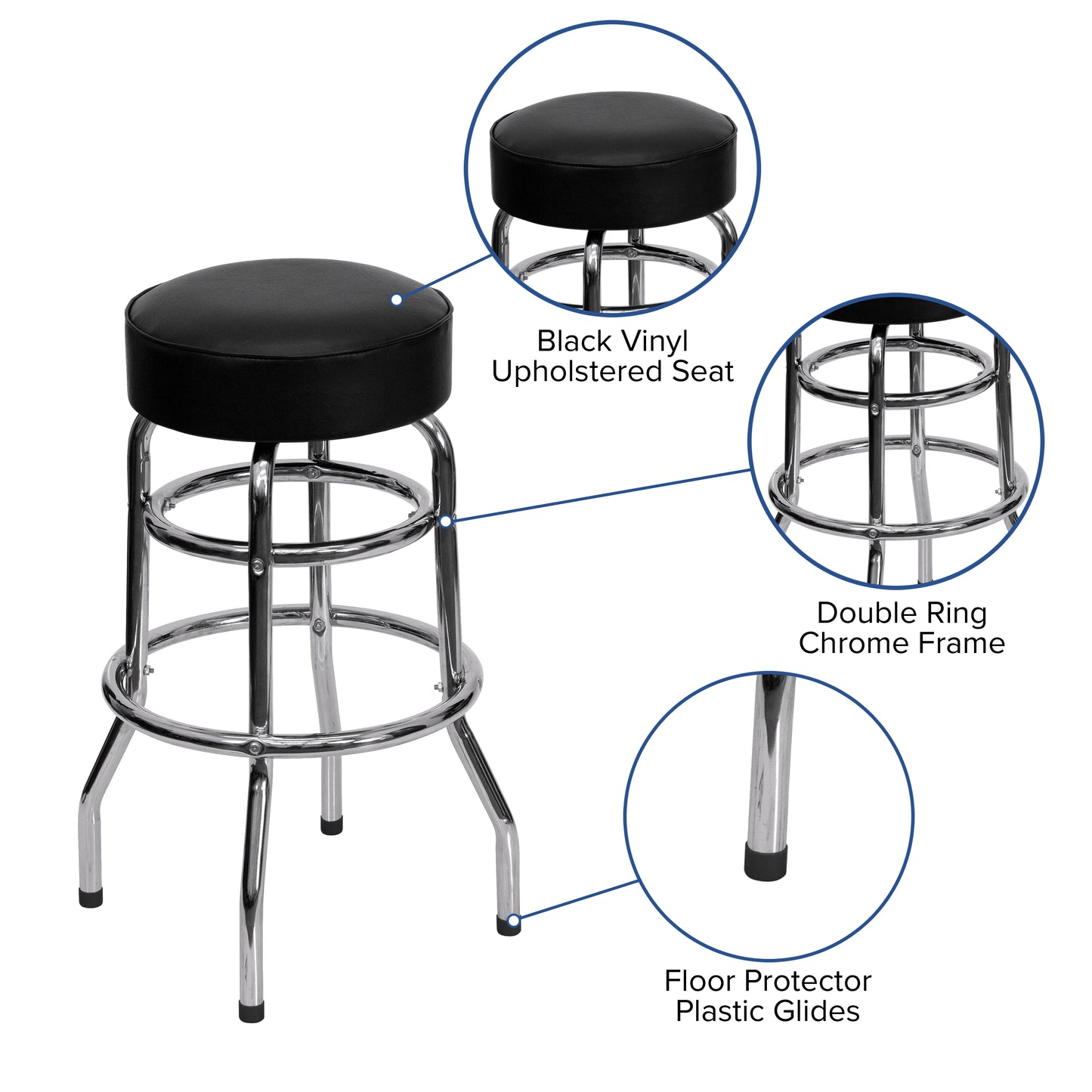Bruno Double Ring Chrome Barstool with Black Seat Black