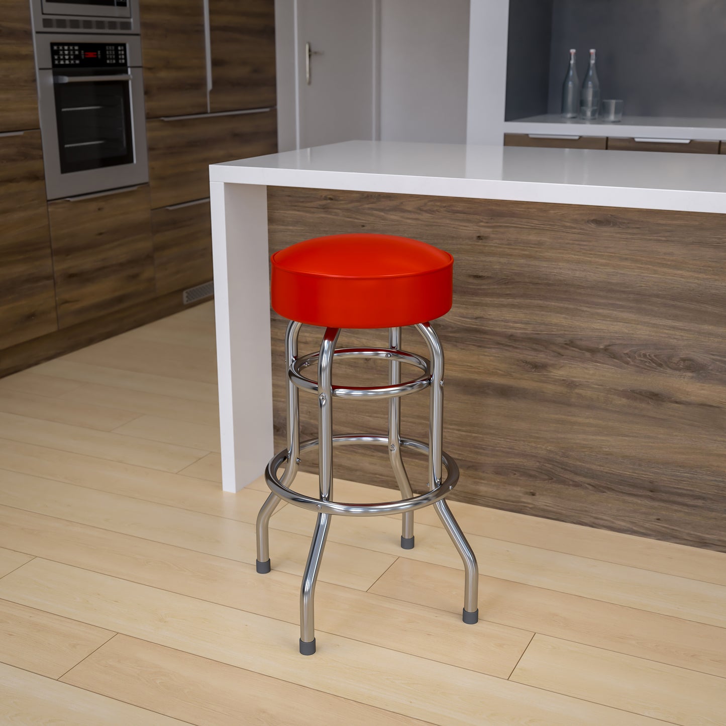 Bruno Double Ring Chrome Barstool with Red Seat Red