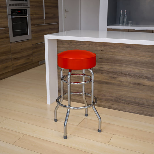 Bruno Double Ring Chrome Barstool with Red Seat Red