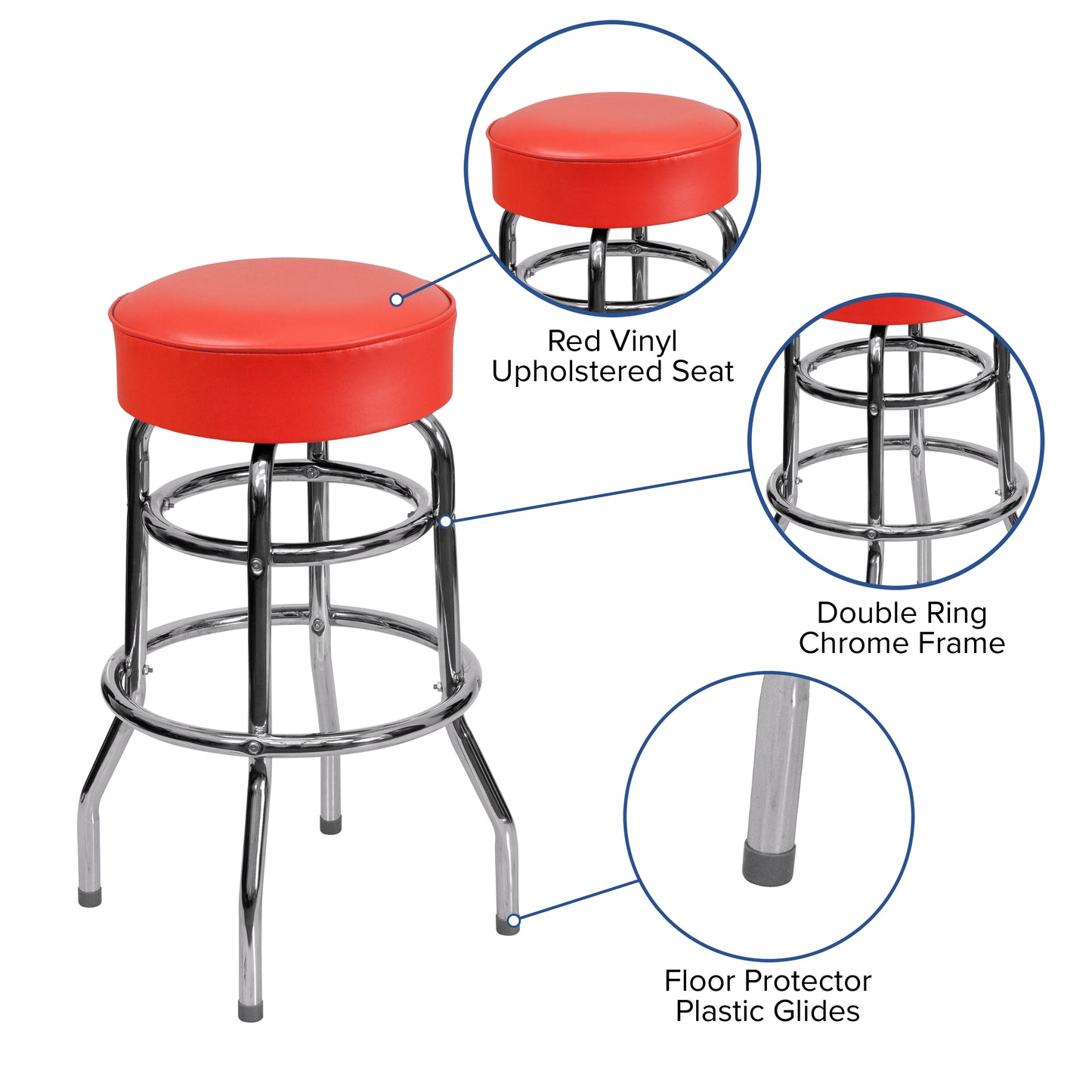 Bruno Double Ring Chrome Barstool with Red Seat Red