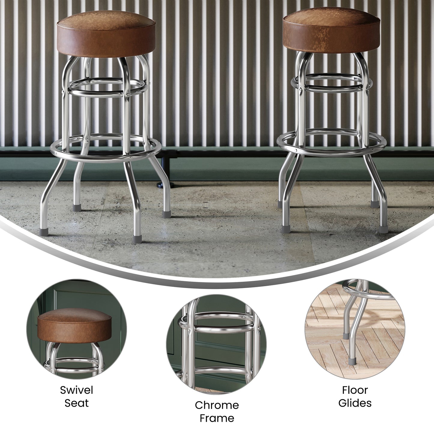 Bruno Double Ring Chrome Barstool with Weathered Brown Seat Weathered Brown