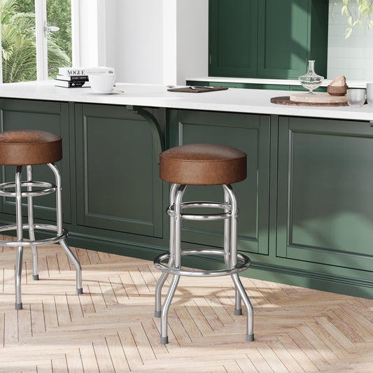Bruno Double Ring Chrome Barstool with Weathered Brown Seat Weathered Brown