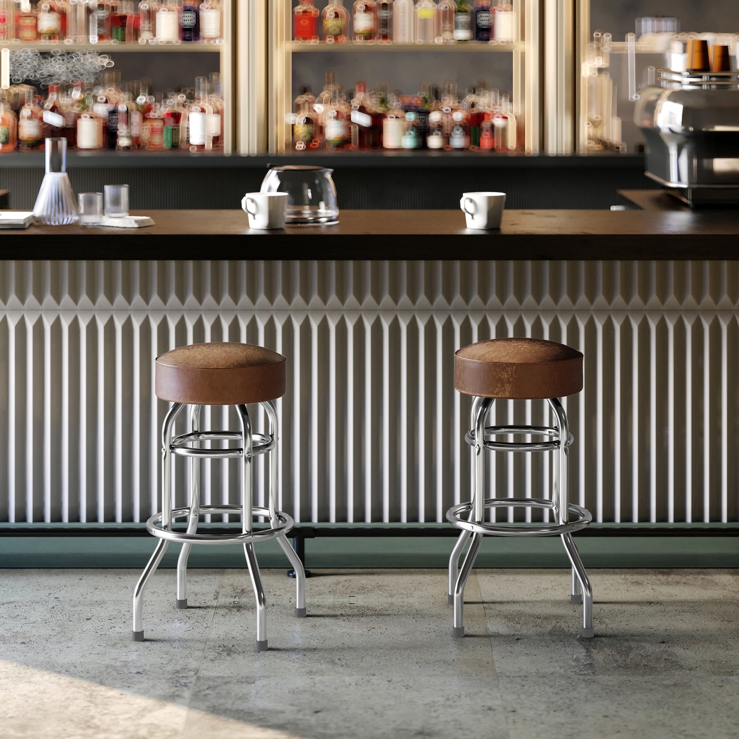 Bruno Double Ring Chrome Barstool with Weathered Brown Seat Weathered Brown