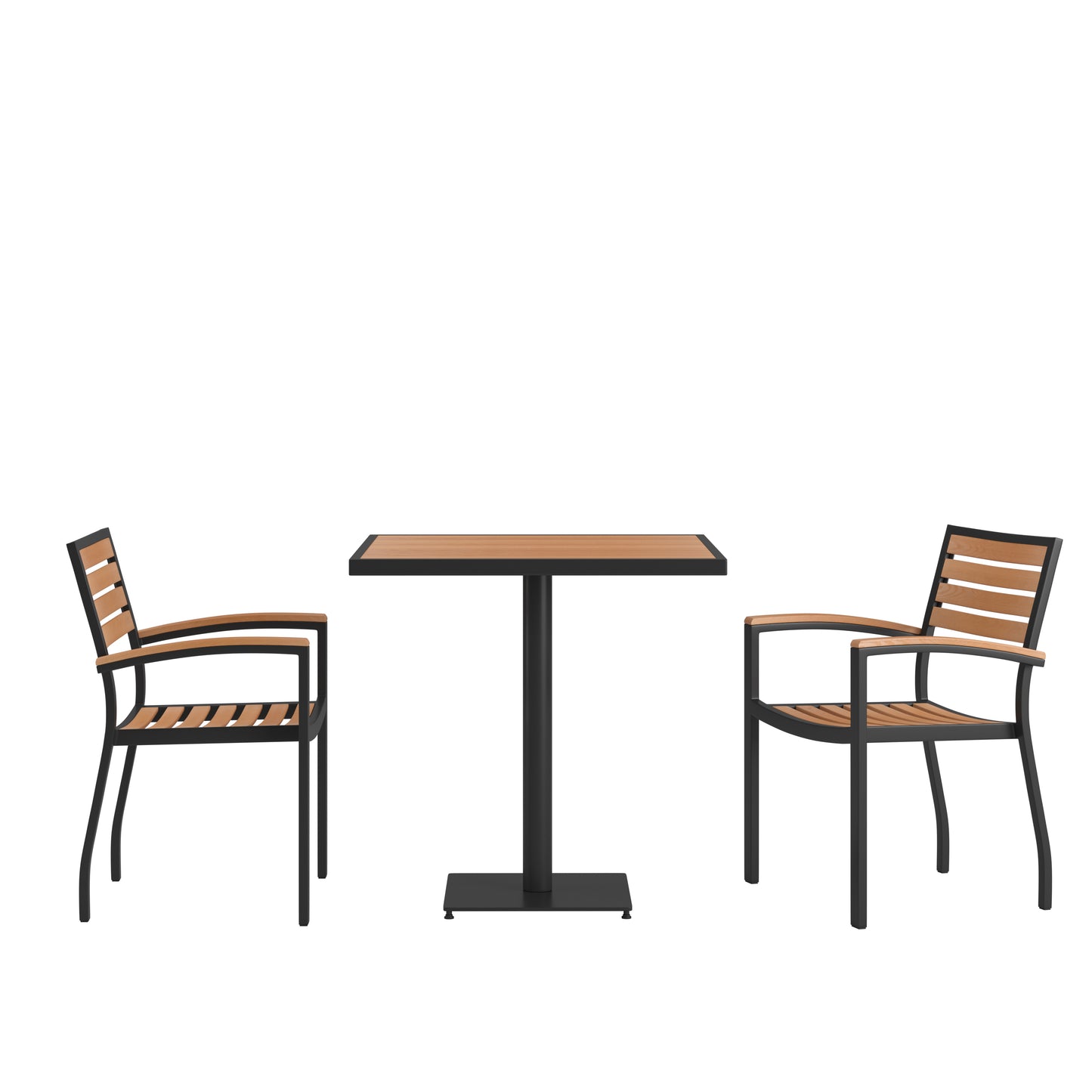 Lark Indoor/Outdoor 3 Piece Patio Dining Table Set - 30" Square Faux Teak Table & 2 Stacking Club Chairs with Teak Accented Arms Teak