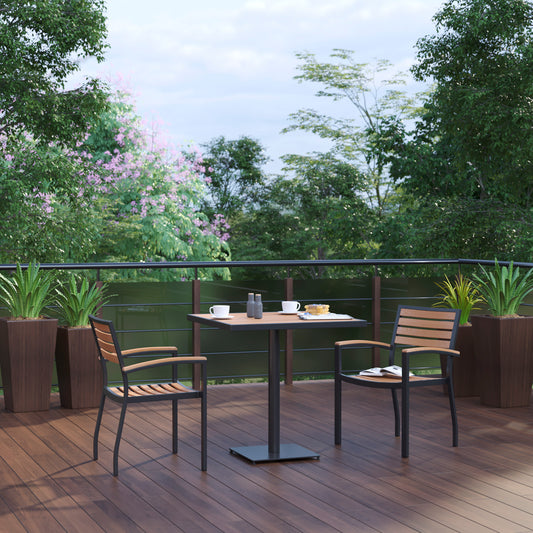 Lark Indoor/Outdoor 3 Piece Patio Dining Table Set - 30" Square Faux Teak Table & 2 Stacking Club Chairs with Teak Accented Arms Teak XU-DG-104560062-GG