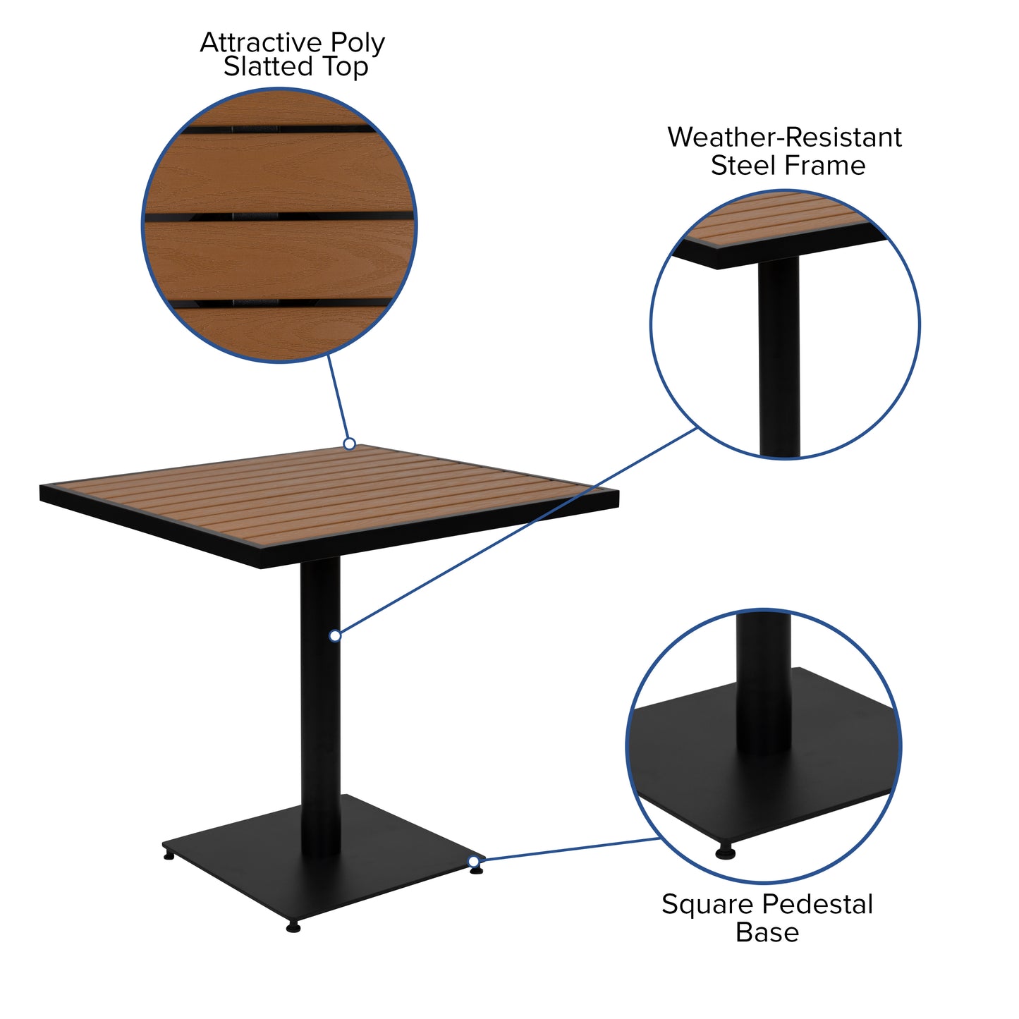 Lark Indoor/Outdoor 3 Piece Patio Dining Table Set - 30" Square Faux Teak Table & 2 Stacking Club Chairs with Teak Accented Arms Teak