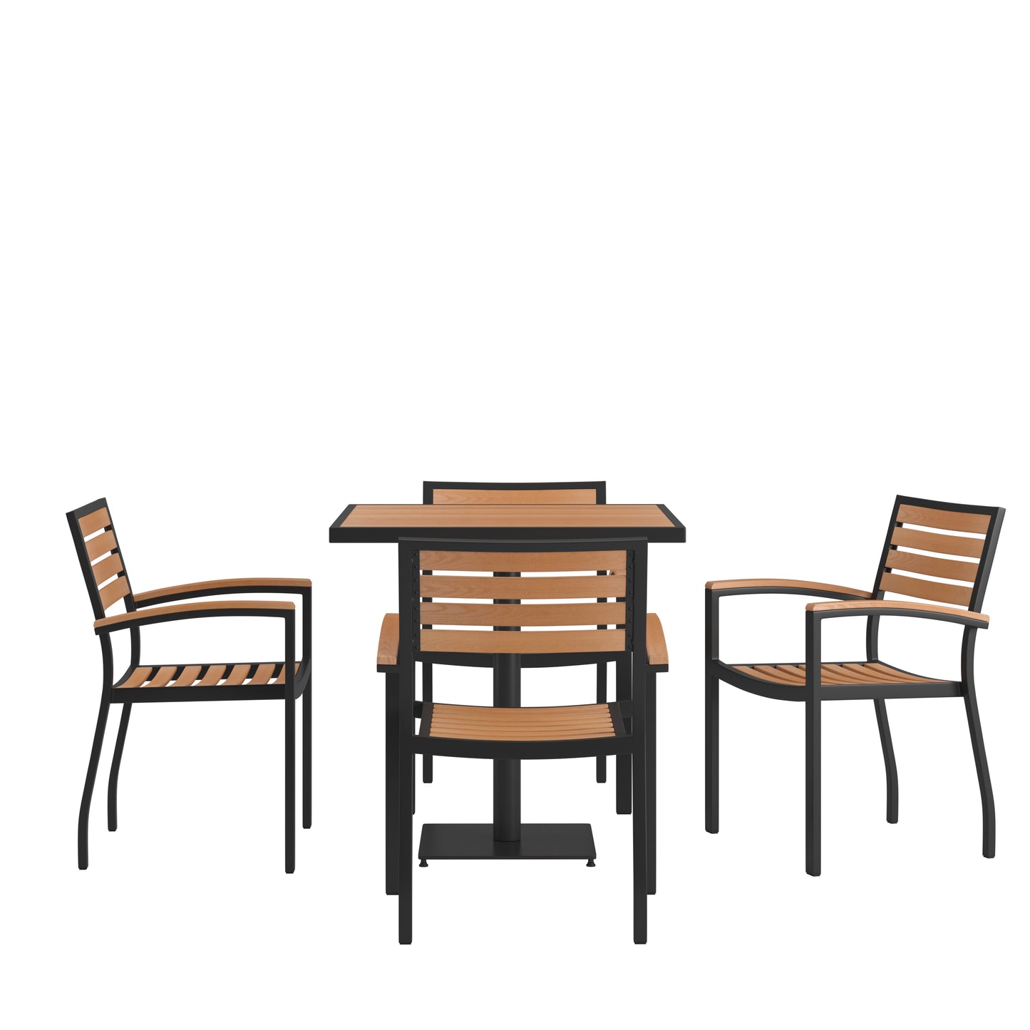 Lark Indoor/Outdoor 5 Piece Patio Dining Table Set - 30" Square Faux Teak Table & 4 Stacking Club Chairs with Teak Accented Arms Teak
