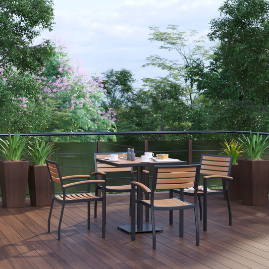 Lark Indoor/Outdoor 5 Piece Patio Dining Table Set - 30" Square Faux Teak Table & 4 Stacking Club Chairs with Teak Accented Arms Teak XU-DG-104560064-GG