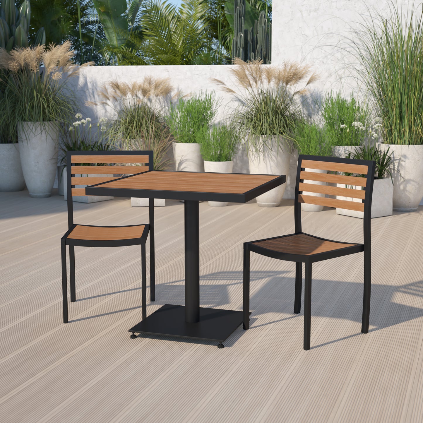 Lark Outdoor Patio Bistro Dining Table Set with 2 Chairs and Faux Teak Poly Slats Teak XU-DG-10456033-GG
