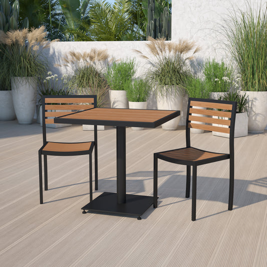 Lark Outdoor Patio Bistro Dining Table Set with 2 Chairs and Faux Teak Poly Slats Teak XU-DG-10456033-GG