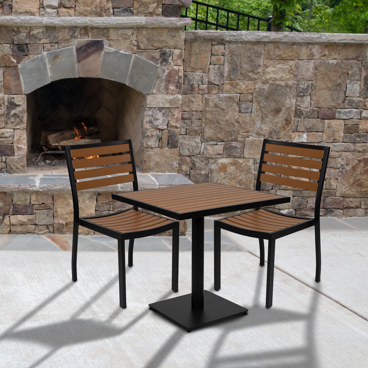 Lark Outdoor Patio Bistro Dining Table Set with 2 Chairs and Faux Teak Poly Slats Teak XU-DG-10456033-GG