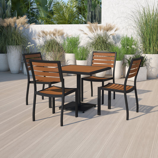 Lark Outdoor Patio Bistro Dining Table Set with 4 Chairs and Faux Teak Poly Slats Teak XU-DG-10456036-GG