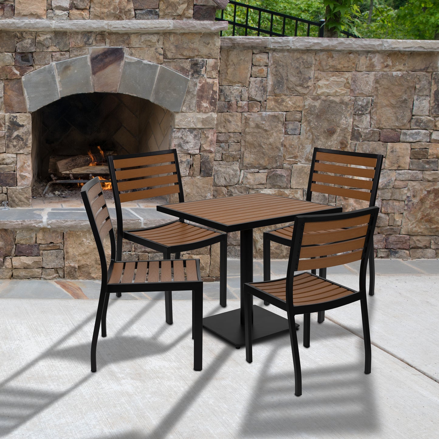 Lark Outdoor Patio Bistro Dining Table Set with 4 Chairs and Faux Teak Poly Slats Teak XU-DG-10456036-GG