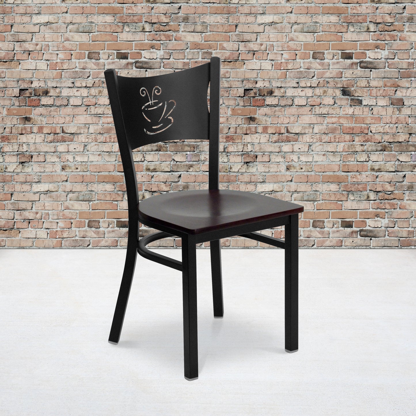 HERCULES Series Black Coffee Back Metal Restaurant Chair - Mahogany Wood Seat Mahogany Wood Seat/Black Metal Frame