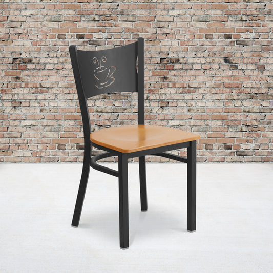 HERCULES Series Black Coffee Back Metal Restaurant Chair - Natural Wood Seat Natural Wood Seat/Black Metal Frame