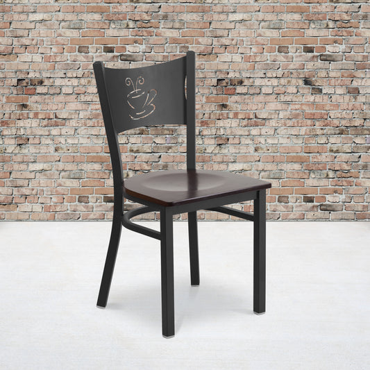 HERCULES Series Black Coffee Back Metal Restaurant Chair - Walnut Wood Seat Walnut Wood Seat/Black Metal Frame
