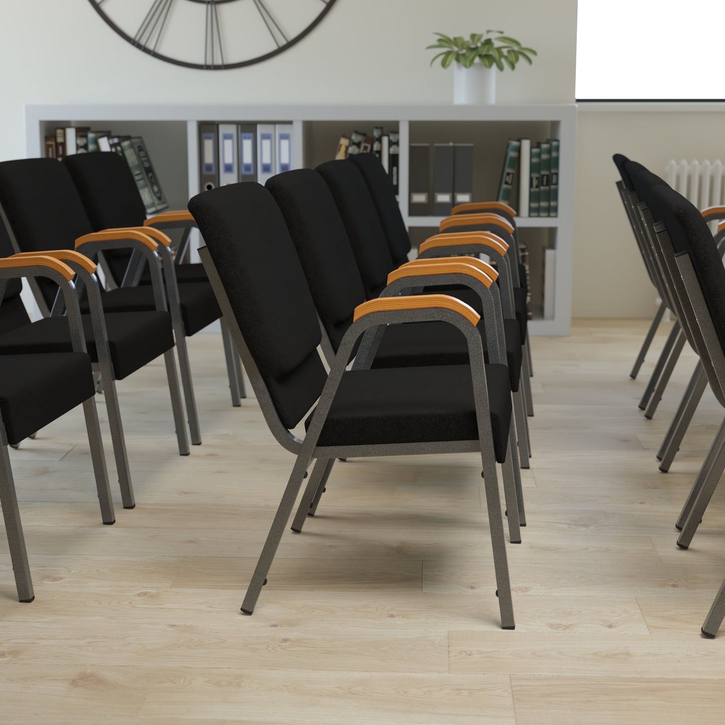 HERCULES Series 21"W Stacking Wood Accent Arm Church Chair in Black Fabric - Silver Vein Frame Black Fabric/Silver Vein Frame