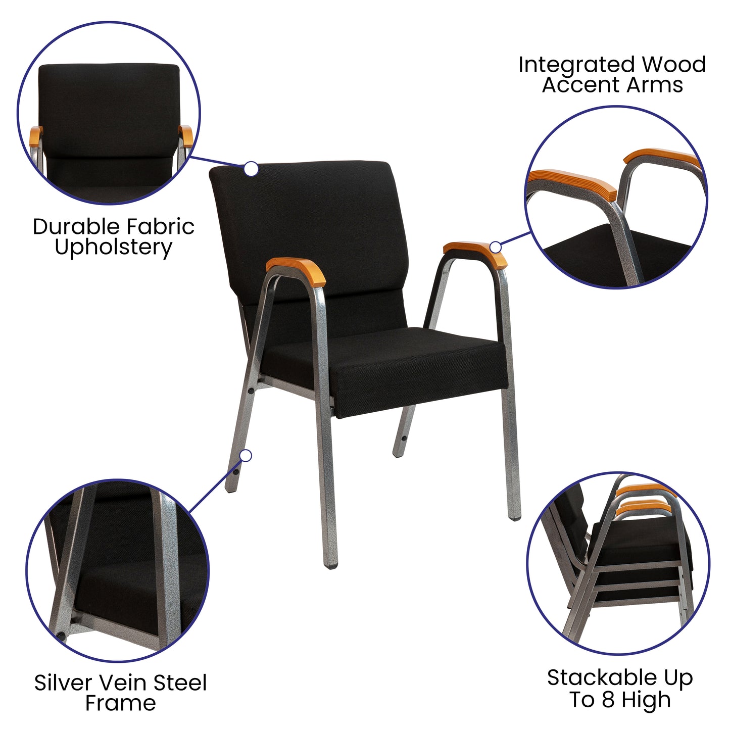 HERCULES Series 21"W Stacking Wood Accent Arm Church Chair in Black Fabric - Silver Vein Frame Black Fabric/Silver Vein Frame