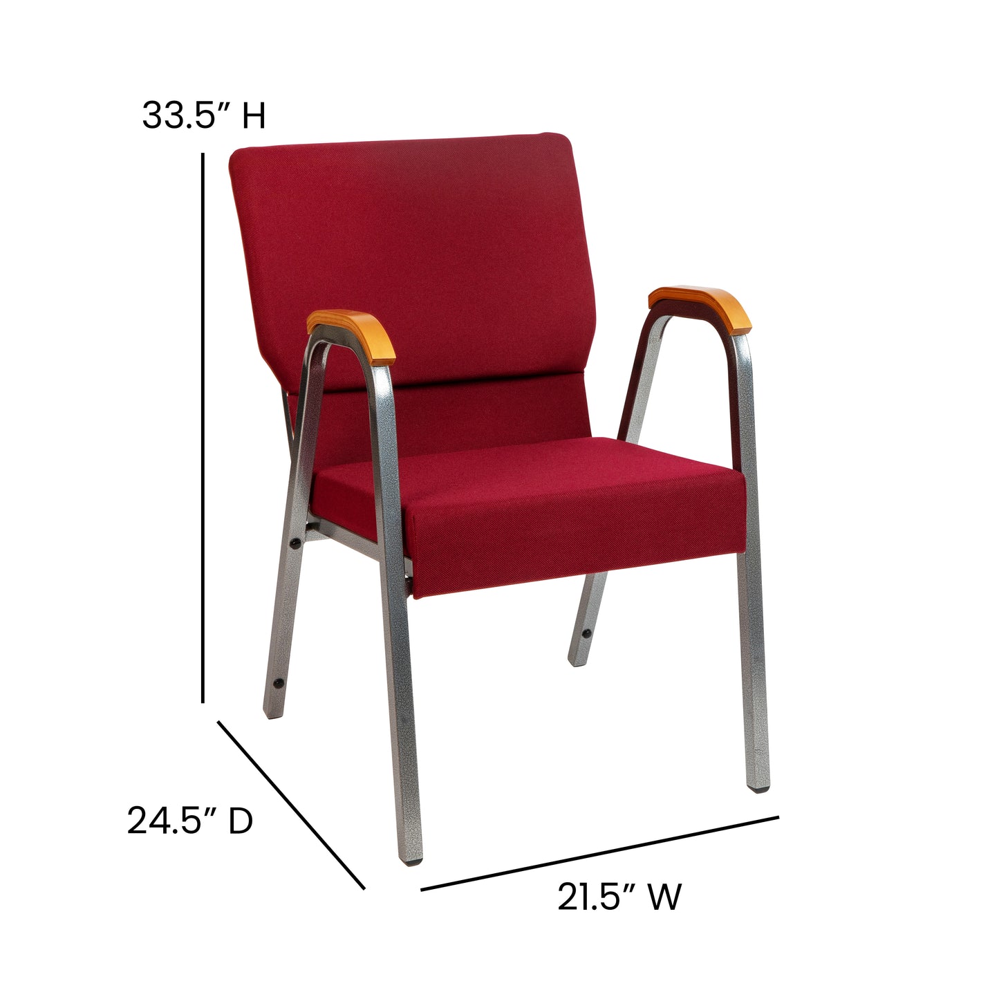 HERCULES Series 21"W Stacking Wood Accent Arm Church Chair in Burgundy Fabric - Silver Vein Frame Burgundy Fabric/Silver Vein Frame