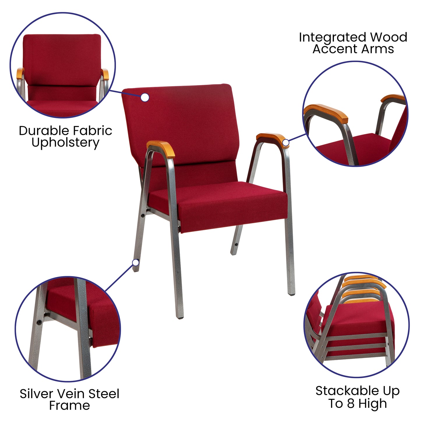 HERCULES Series 21"W Stacking Wood Accent Arm Church Chair in Burgundy Fabric - Silver Vein Frame Burgundy Fabric/Silver Vein Frame
