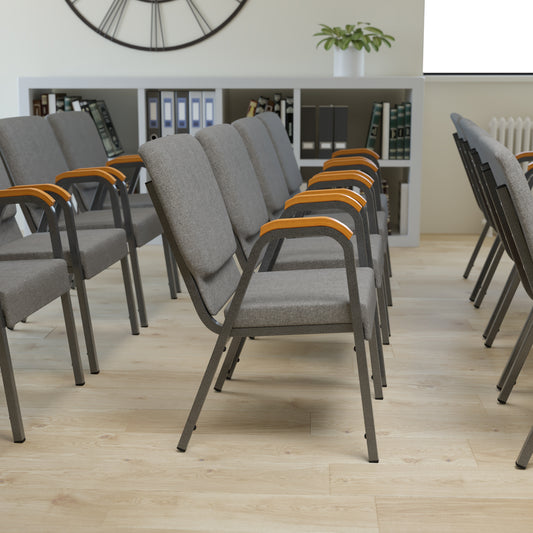 HERCULES Series 21"W Stacking Wood Accent Arm Church Chair in Gray Fabric - Silver Vein Frame Gray Fabric/Silver Vein Frame