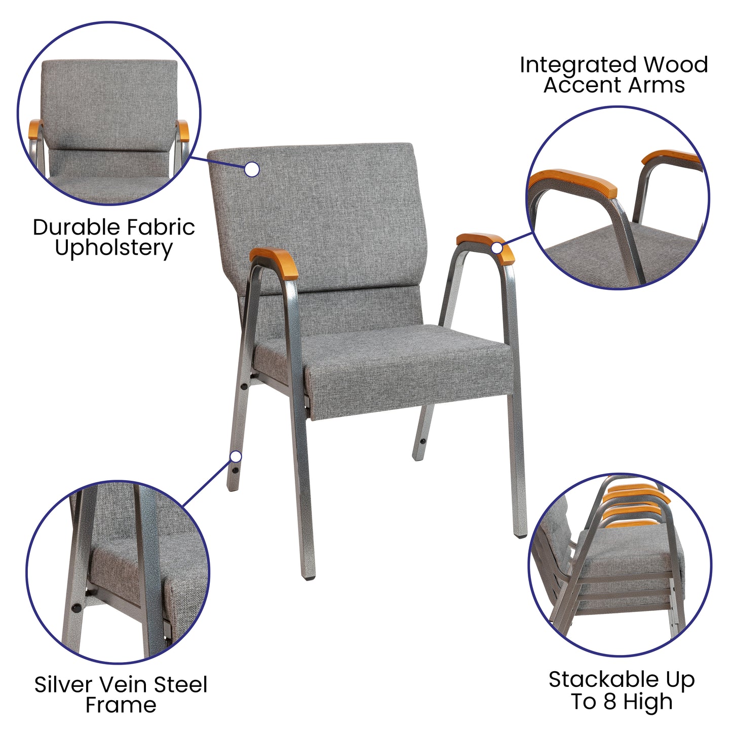 HERCULES Series 21"W Stacking Wood Accent Arm Church Chair in Gray Fabric - Silver Vein Frame Gray Fabric/Silver Vein Frame