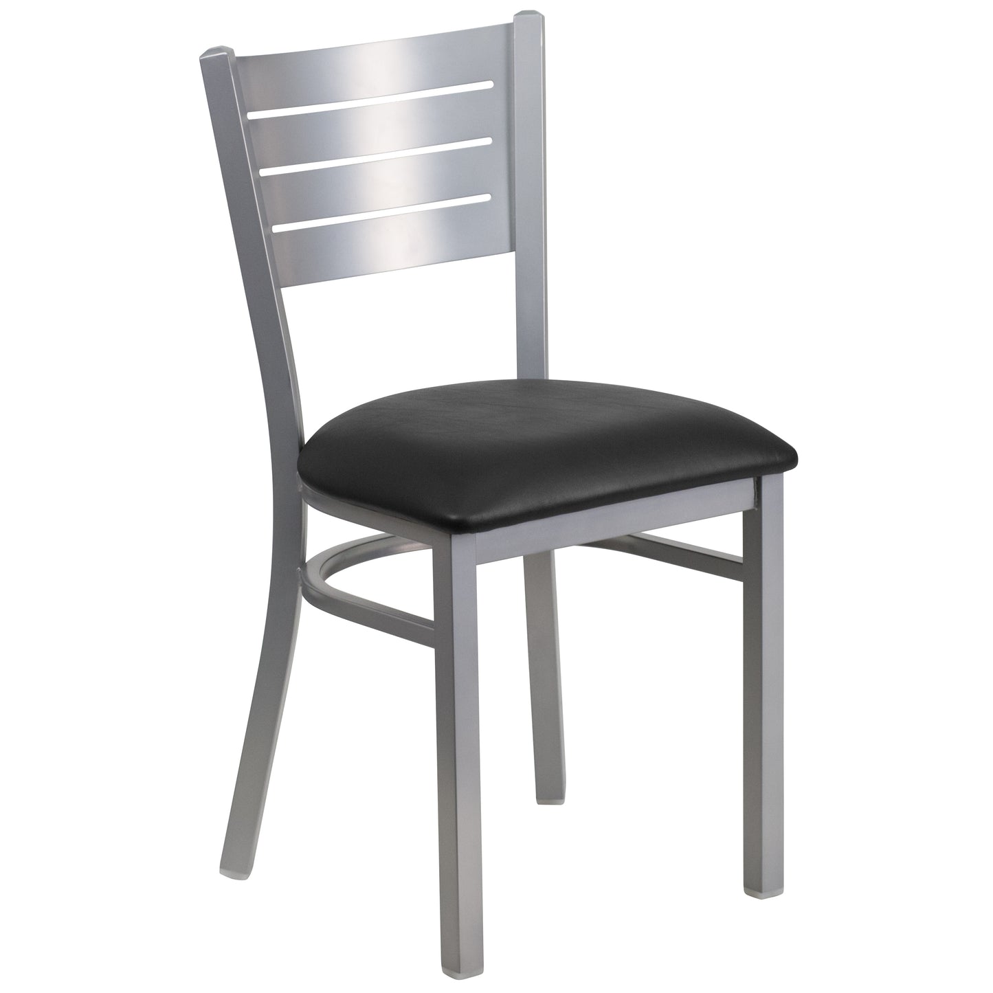 HERCULES Series Silver Slat Back Metal Restaurant Chair - Black Vinyl Seat Black Vinyl Seat/Silver Frame