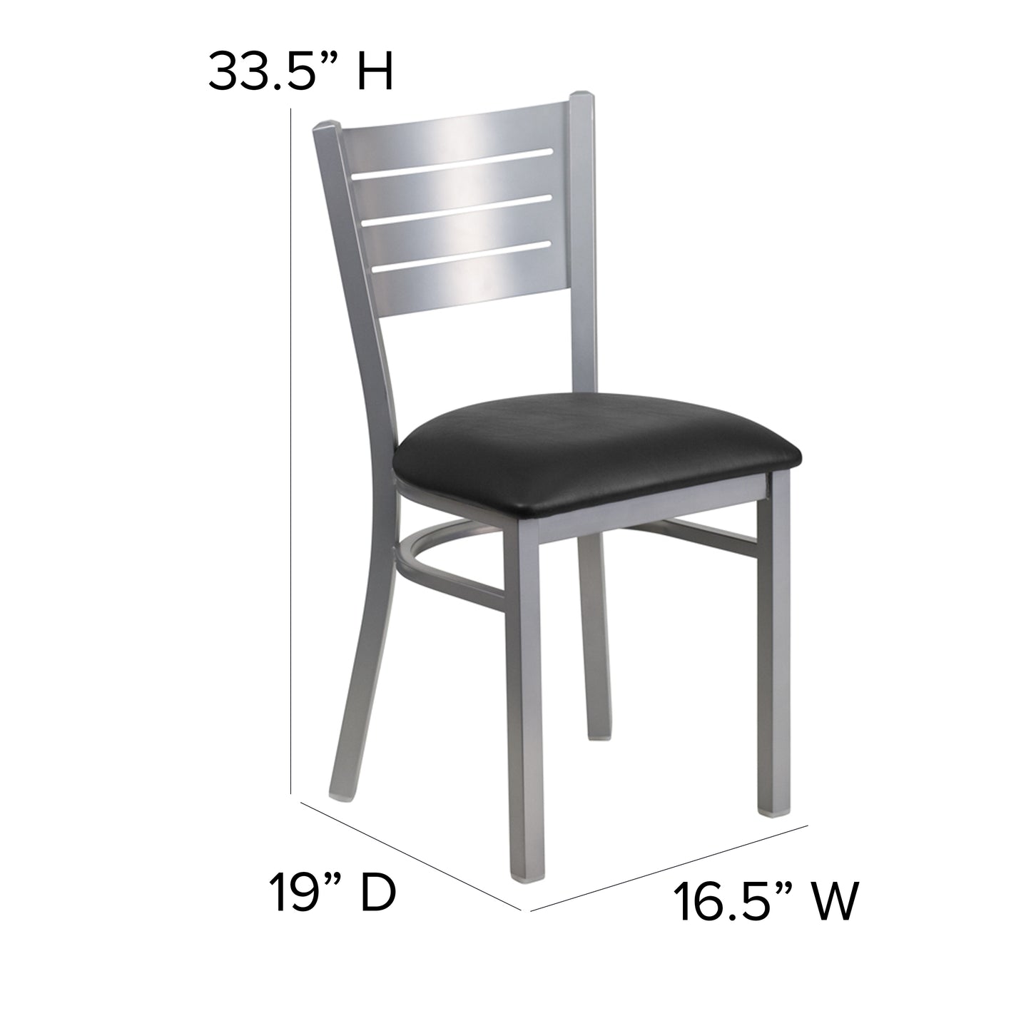 HERCULES Series Silver Slat Back Metal Restaurant Chair - Black Vinyl Seat Black Vinyl Seat/Silver Frame