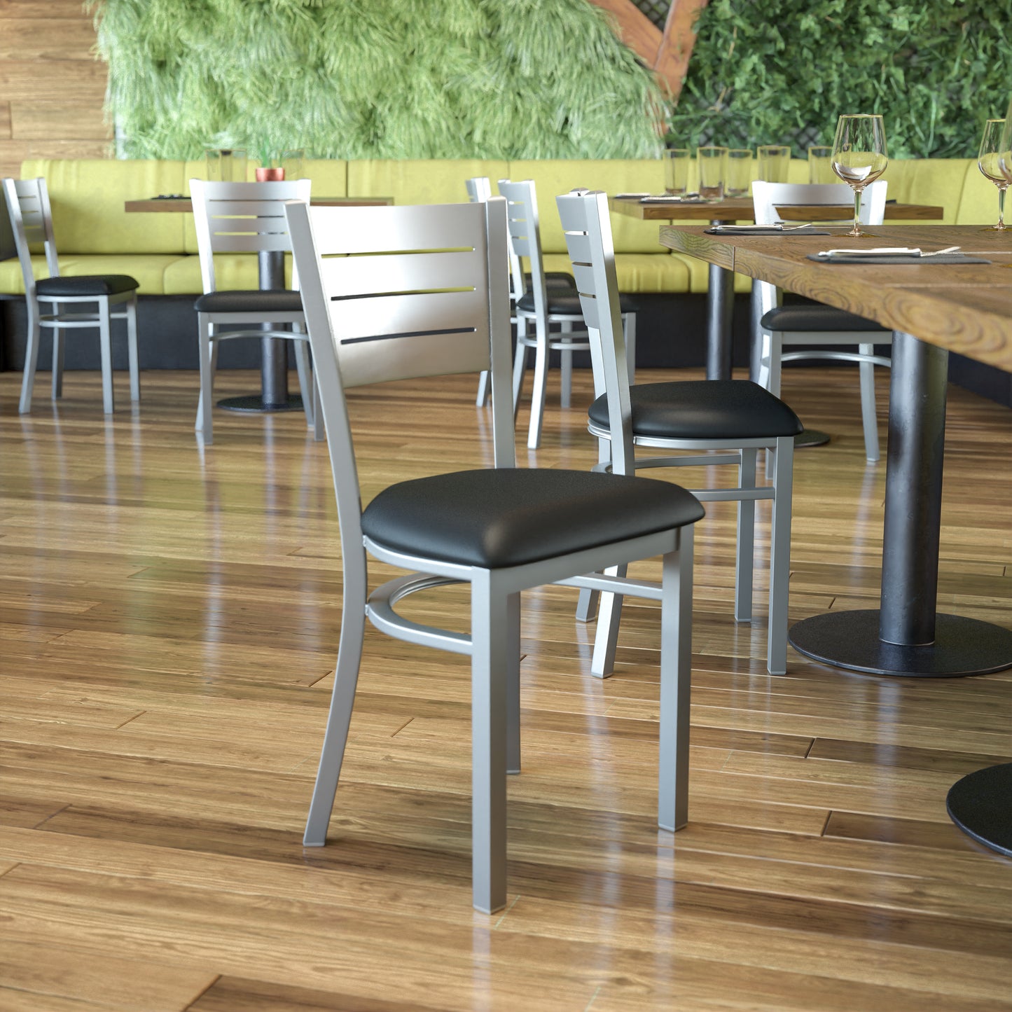 HERCULES Series Silver Slat Back Metal Restaurant Chair - Black Vinyl Seat Black Vinyl Seat/Silver Frame