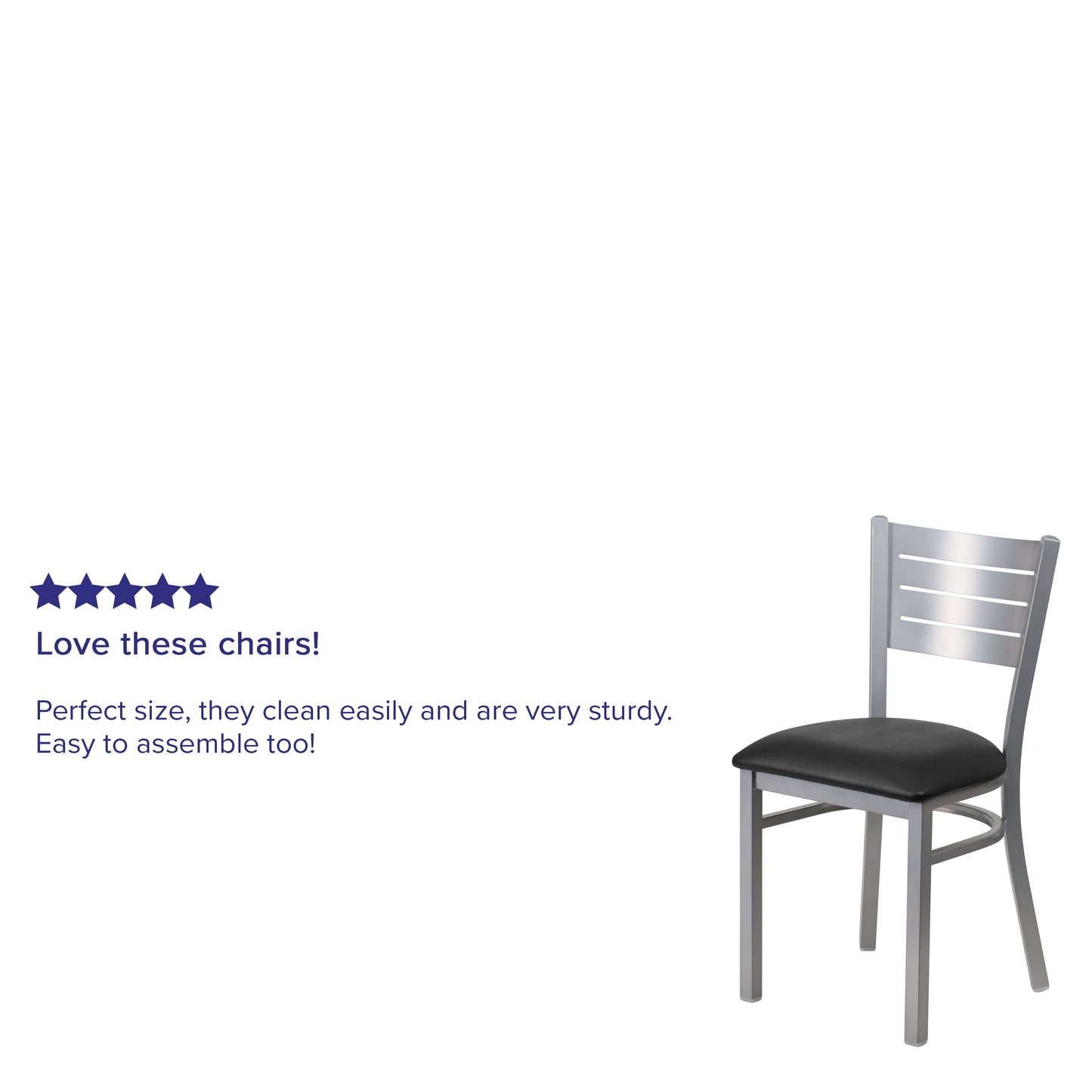 HERCULES Series Silver Slat Back Metal Restaurant Chair - Black Vinyl Seat Black Vinyl Seat/Silver Frame