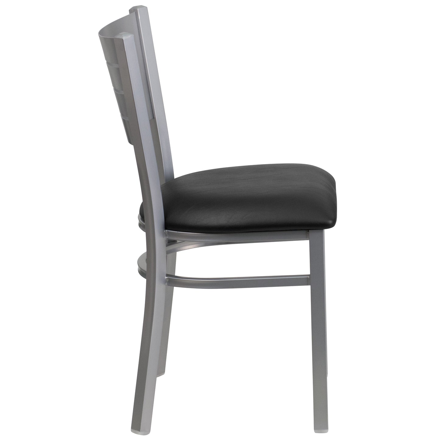 HERCULES Series Silver Slat Back Metal Restaurant Chair - Black Vinyl Seat Black Vinyl Seat/Silver Frame
