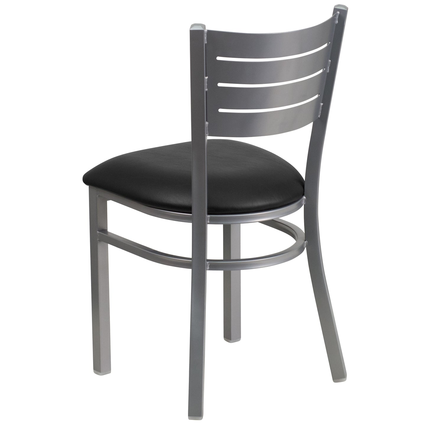 HERCULES Series Silver Slat Back Metal Restaurant Chair - Black Vinyl Seat Black Vinyl Seat/Silver Frame