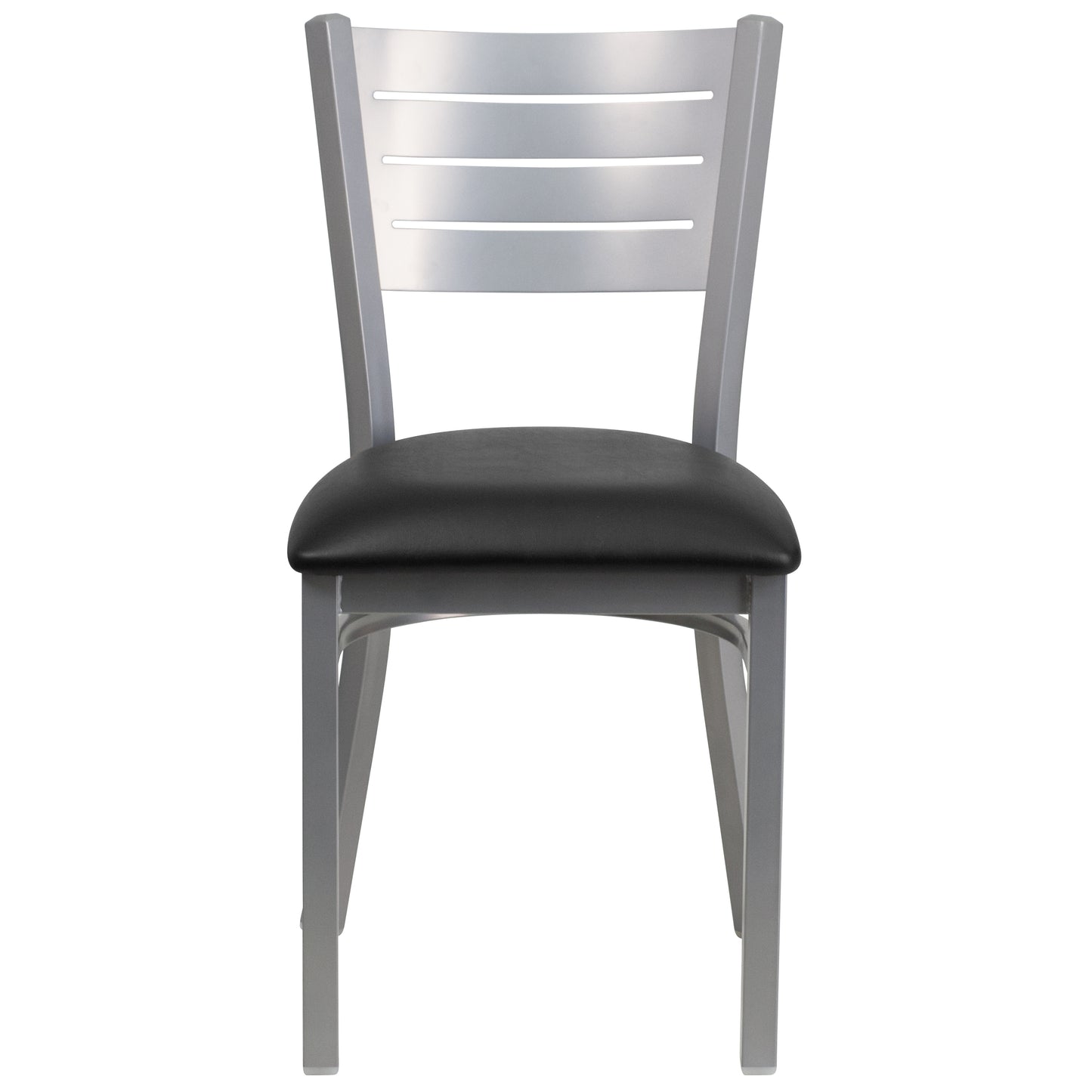 HERCULES Series Silver Slat Back Metal Restaurant Chair - Black Vinyl Seat Black Vinyl Seat/Silver Frame