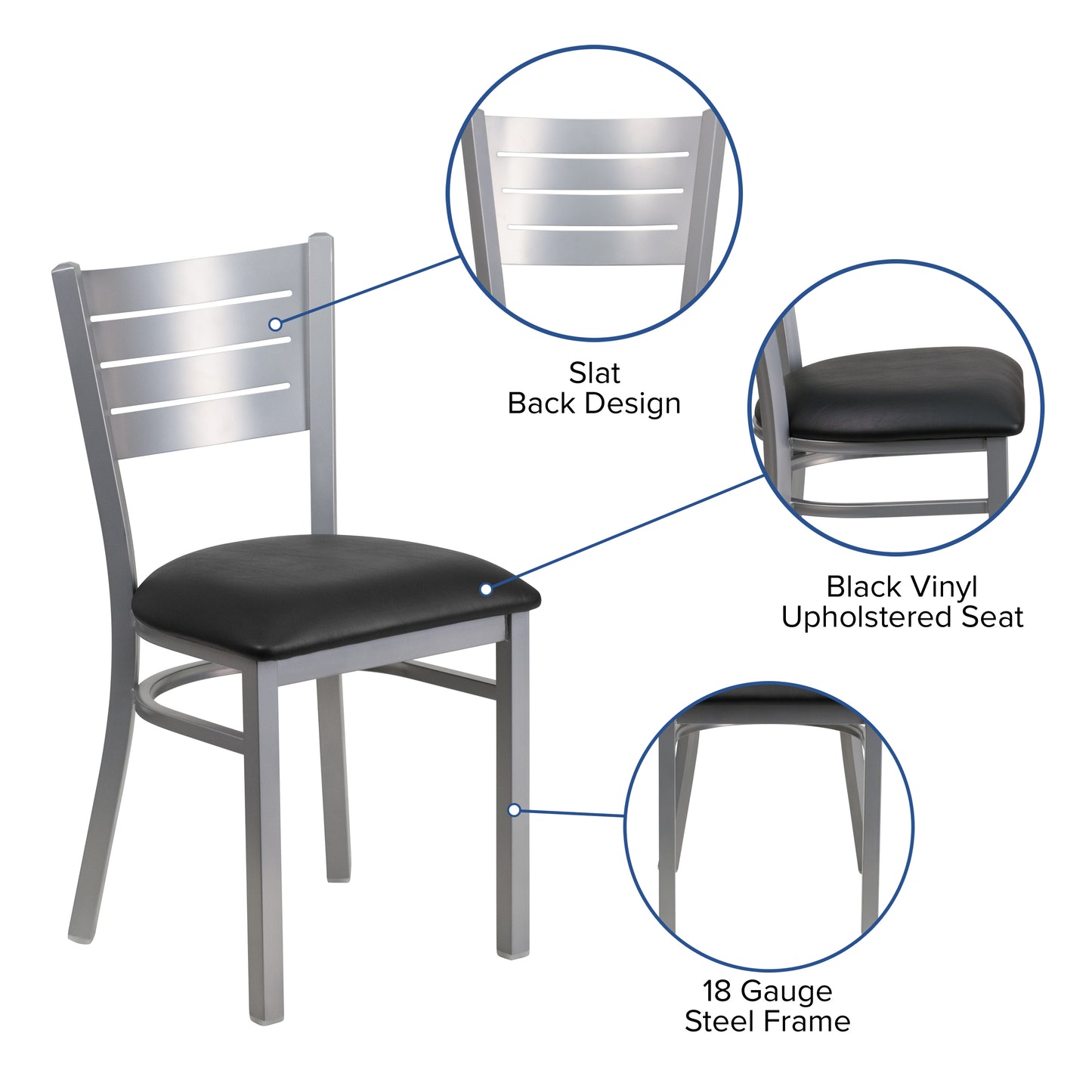 HERCULES Series Silver Slat Back Metal Restaurant Chair - Black Vinyl Seat Black Vinyl Seat/Silver Frame